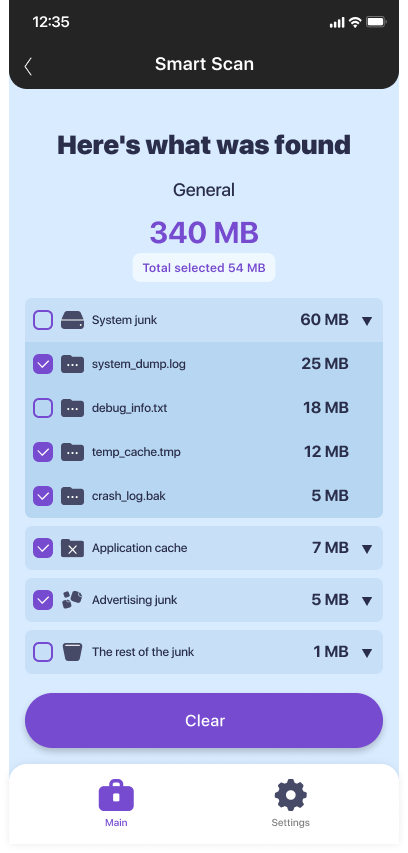 JWizard Cleaner Smart Scan screen showing detected logs, cache, and ad junk on Android