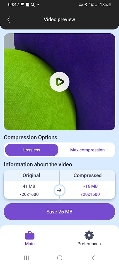 JWizard Cleaner preview and comparison screen for compressed video results on Android