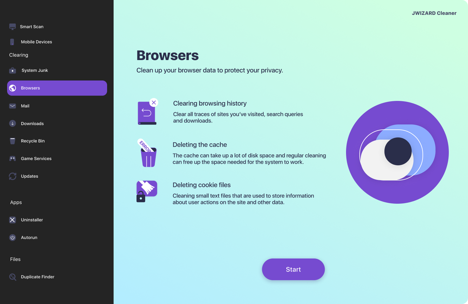 JWizard Cleaner screen for clearing cache, browsing history, and cookies across all browsers on macOS