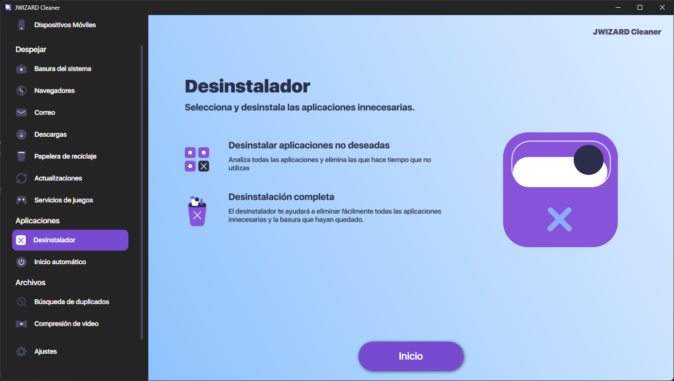 Pantalla del desinstalador de aplicaciones de macOS de JWizard Cleaner para eliminar completamente aplicaciones junto con los archivos de caché residuales