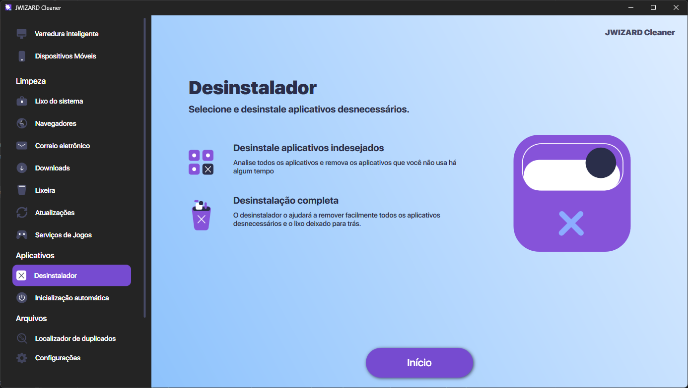 Tela do desinstalador de aplicativos macOS do JWizard Cleaner para remover completamente aplicativos junto com arquivos de cache residuais