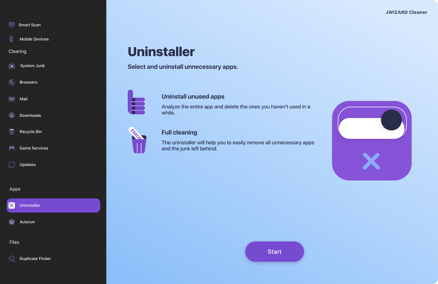Ekran dezinstalatora aplikacji macOS w JWizard Cleaner do całkowitego usuwania aplikacji wraz z pozostałymi plikami pamięci podręcznej
