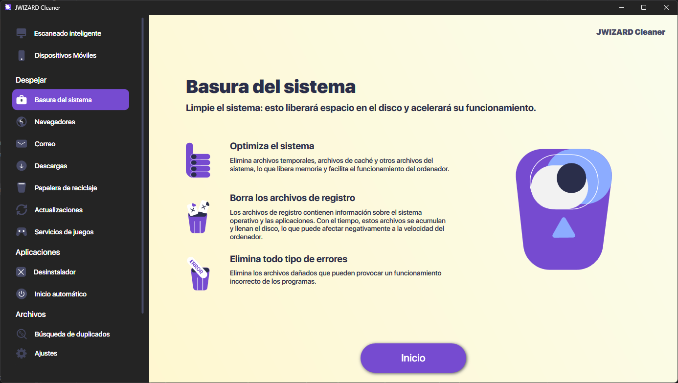 Pantalla de JWizard Cleaner para la limpieza profunda de archivos basura del sistema, caché y archivos temporales en macOS