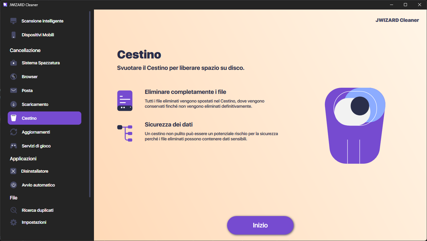 Schermata di JWizard Cleaner per la pulizia approfondita dei file di sistema inutili, della cache e dei file temporanei su macOS