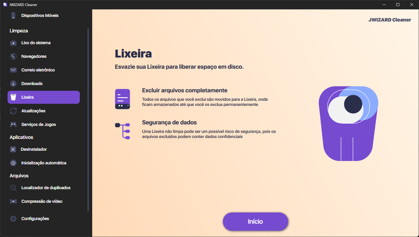 Tela do JWizard Cleaner para limpeza profunda de lixo do sistema, cache e arquivos temporários no macOS