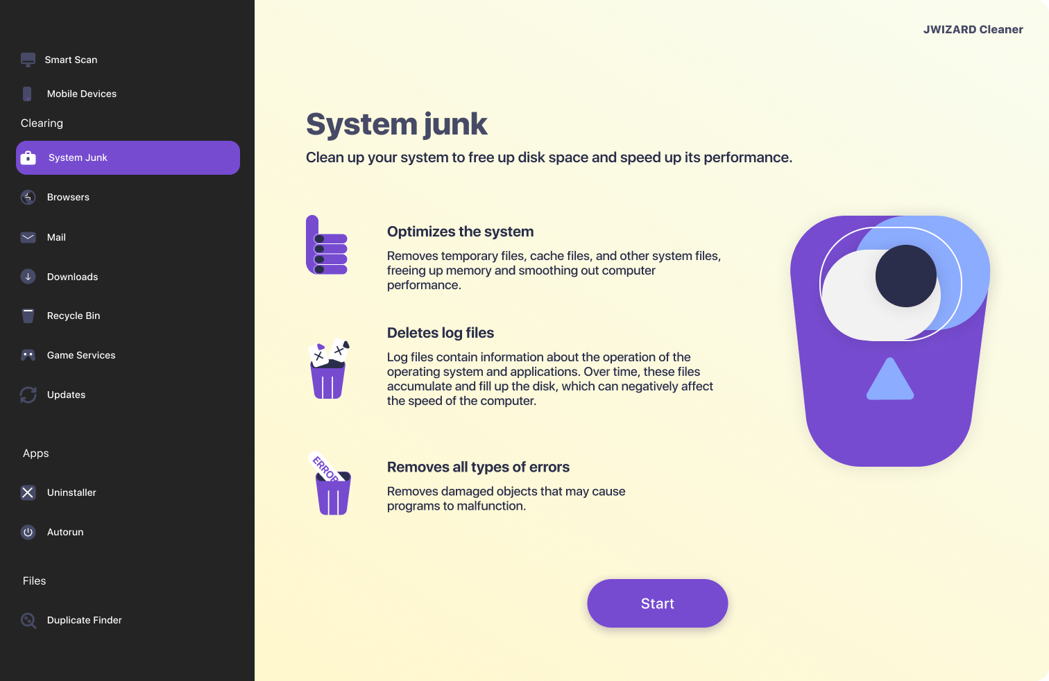 Ekran JWizard Cleaner do dogłębnego czyszczenia śmieci systemowych, pamięci podręcznej i plików tymczasowych w systemie macOS