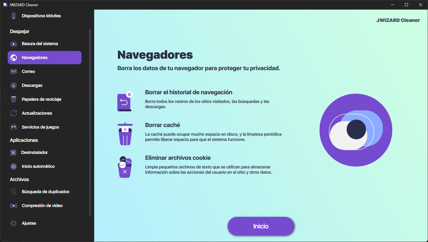 Pantalla de JWizard Cleaner para borrar el historial de navegación, la caché y las cookies en todos los navegadores en Windows