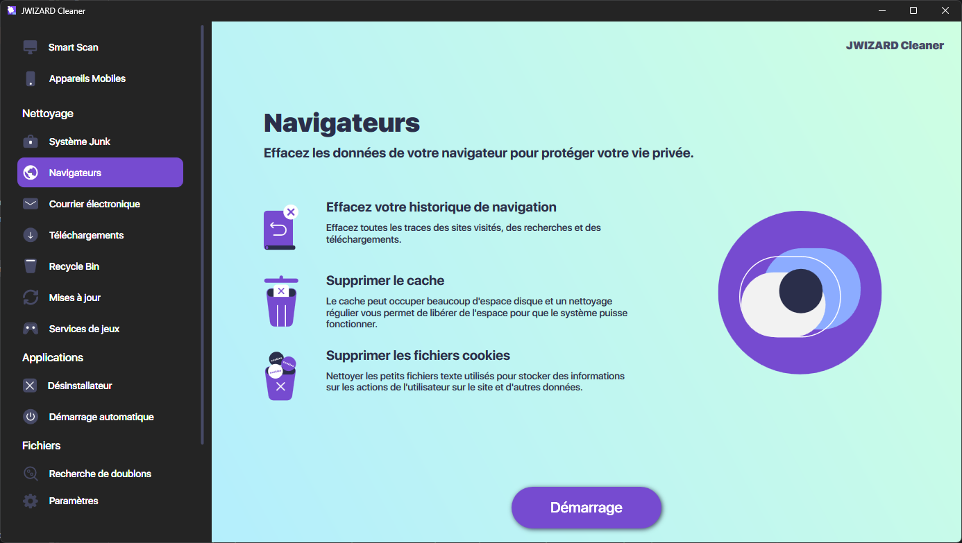 Écran JWizard Cleaner pour effacer l'historique de navigation, le cache et les cookies de tous les navigateurs sous Windows