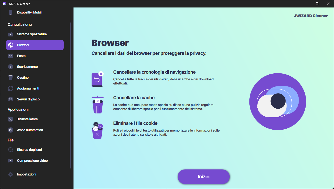 Schermata di JWizard Cleaner per cancellare cronologia di navigazione, cache e cookie in tutti i browser su Windows