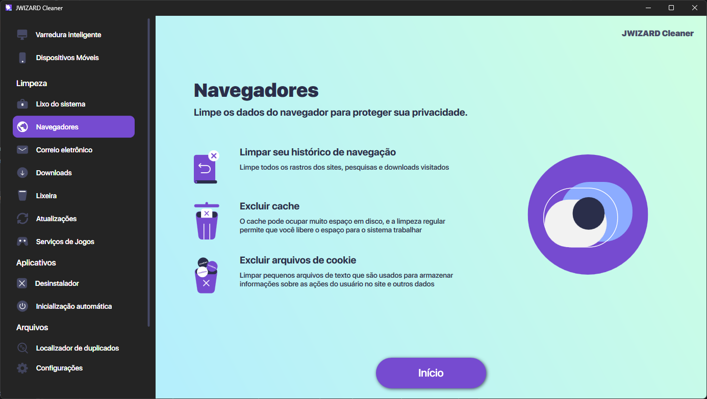 Tela do JWizard Cleaner para limpar histórico de navegação, cache e cookies em todos os navegadores no Windows