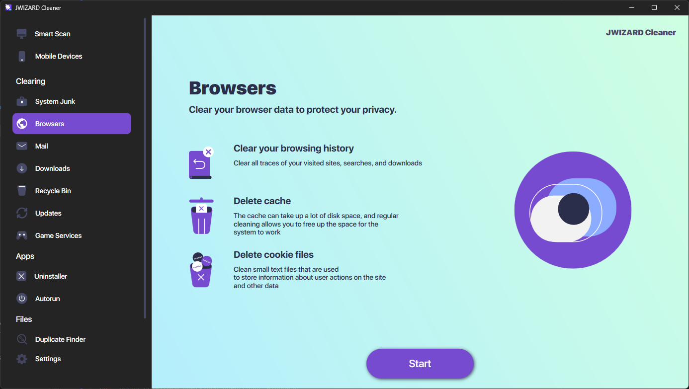 JWizard Cleaner screen for clearing browsing history, cache, and cookies across all browsers on Windows