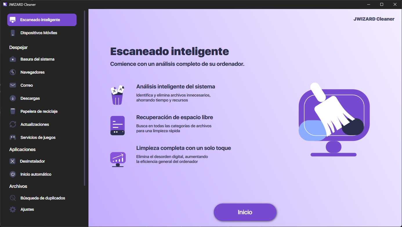 JWizard Cleaner para Windows: pantalla principal de Smart Scan para analizar tu computadora