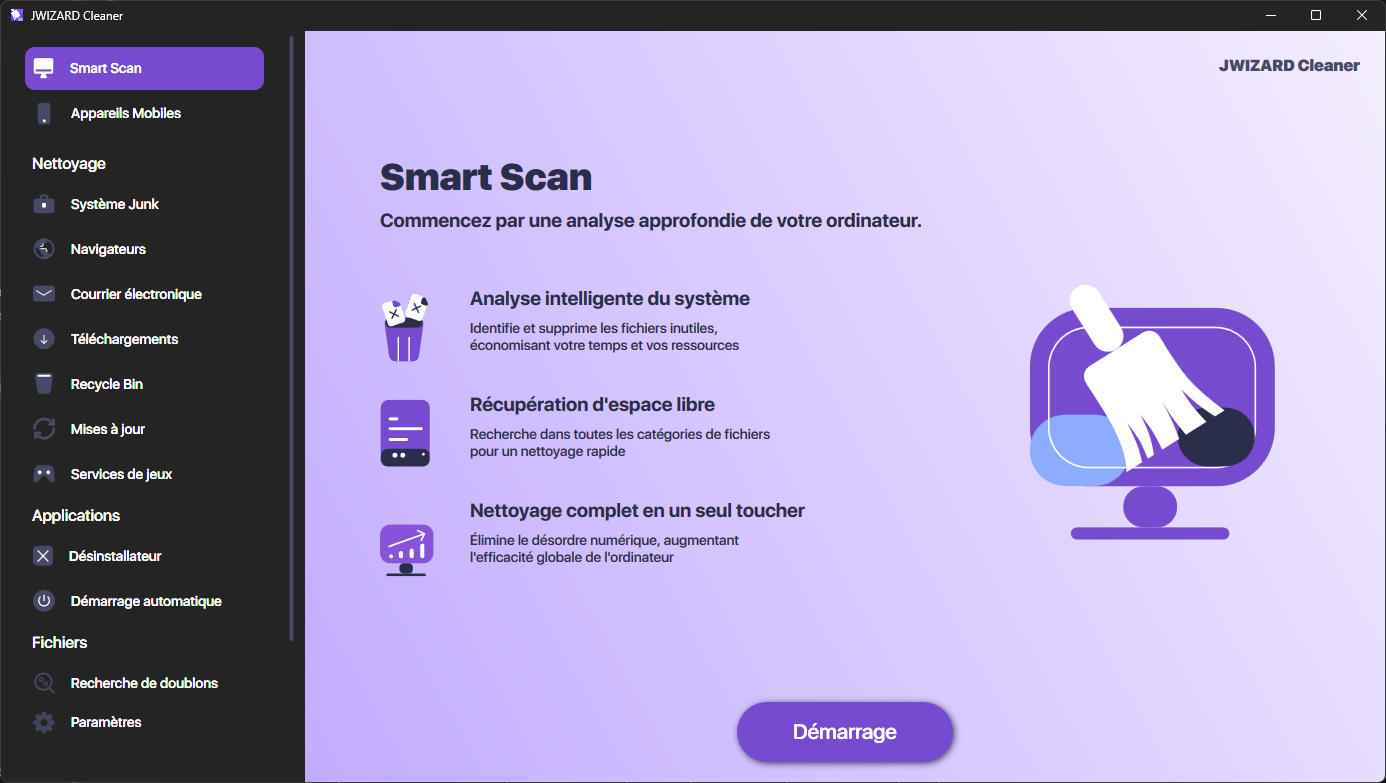 JWizard Cleaner pour Windows : écran principal Smart Scan pour analyser votre ordinateur