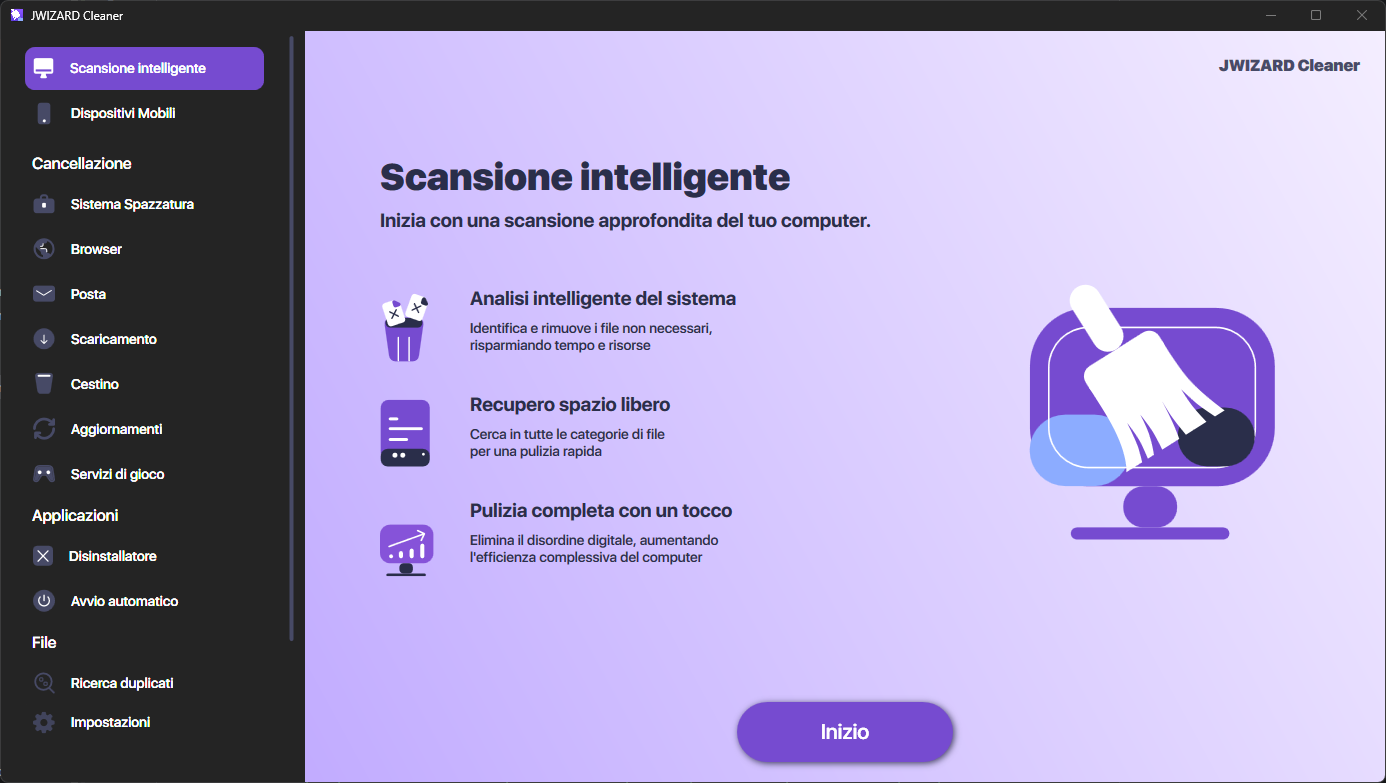 JWizard Cleaner per Windows: schermata principale di Smart Scan per analizzare il tuo computer