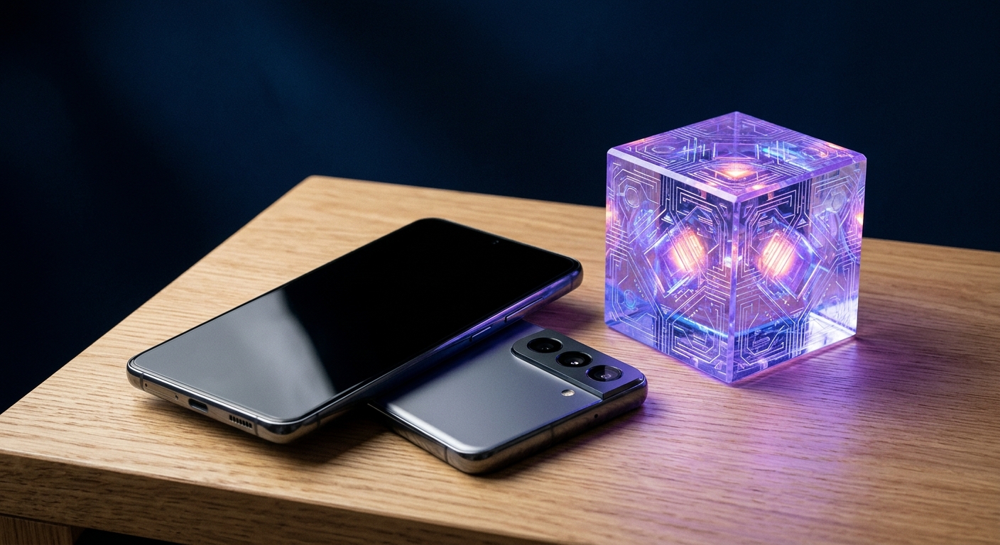 Smartphone on a wooden desk with a floating purple data cube against a dark background