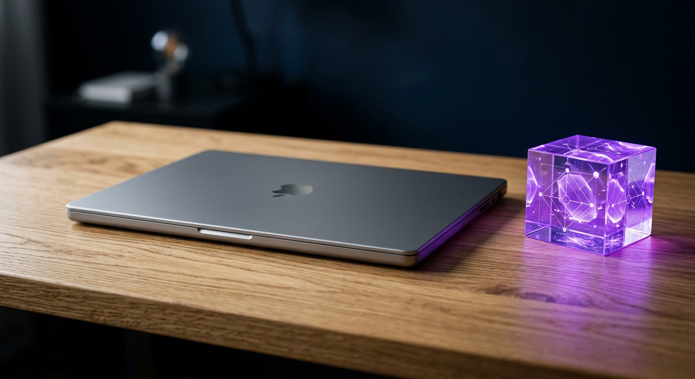 Closed MacBook with a glowing purple data cube floating above a tidy wooden desk