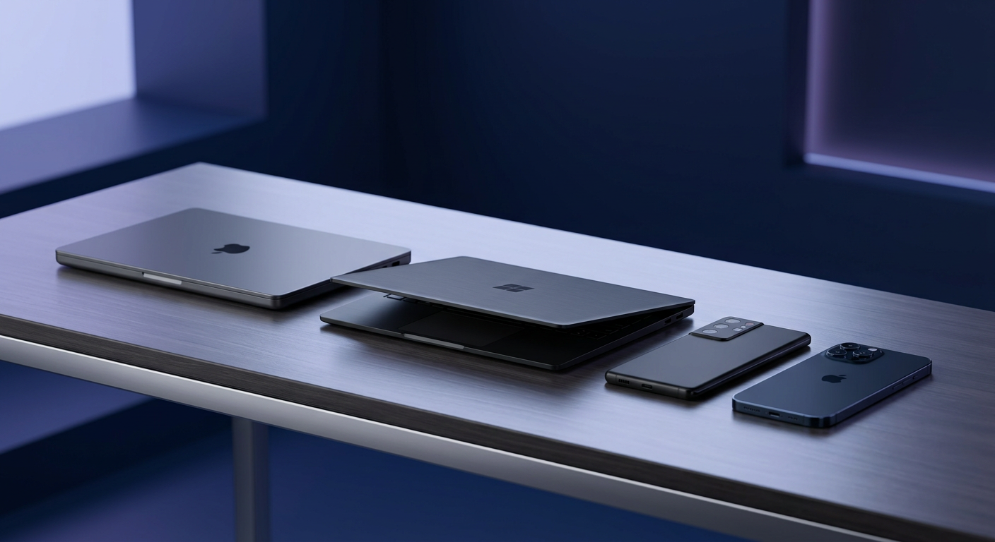 3D render of four devices on a clean desk with soft light