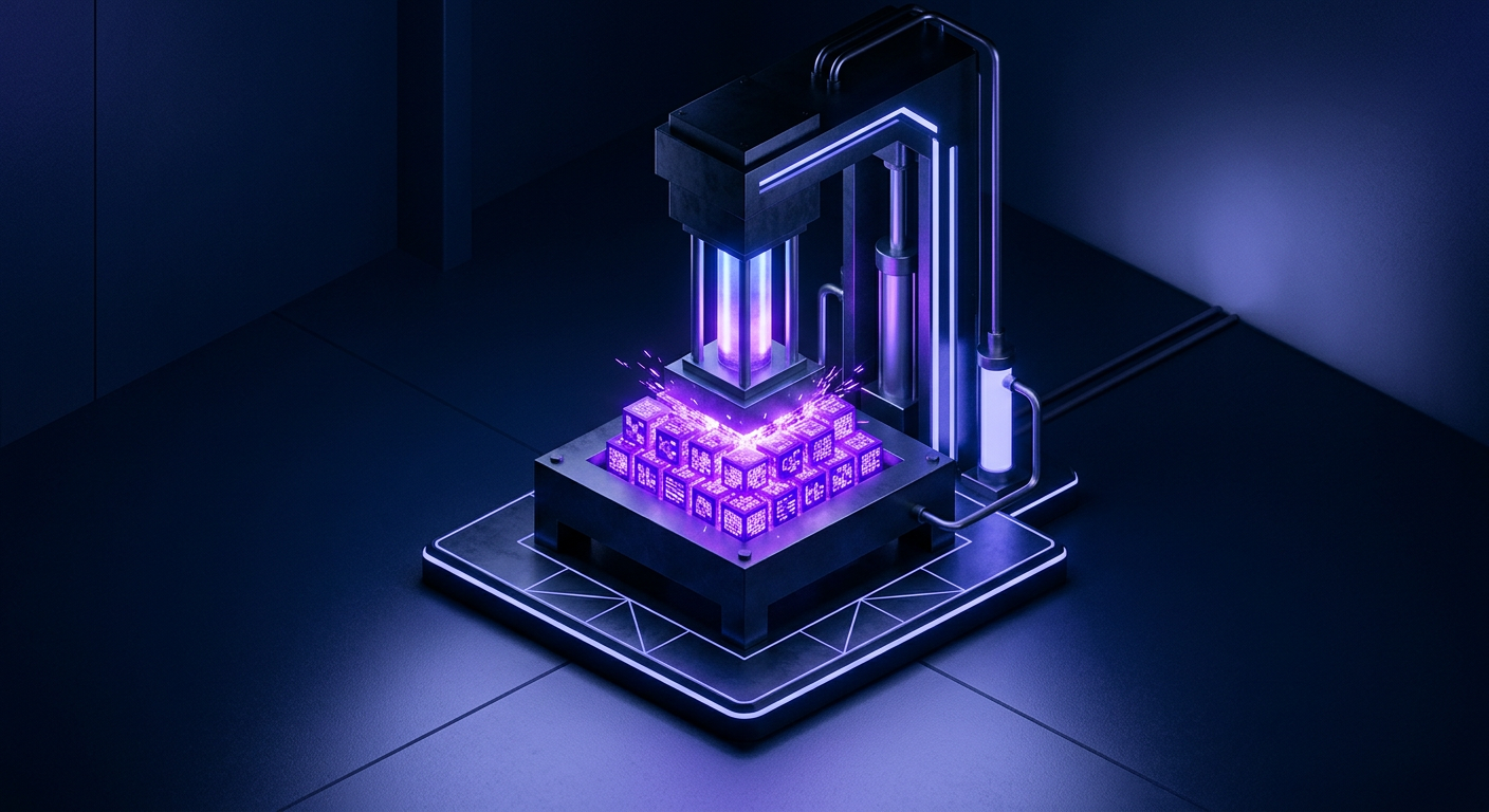 Renderowanie 3D prasy hydraulicznej ściskającej fioletowe bloki danych na ciemnym tle
