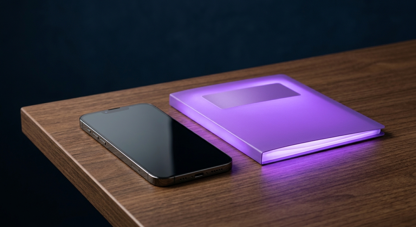 Smartphone on a clean desk with a floating purple folder icon beside it