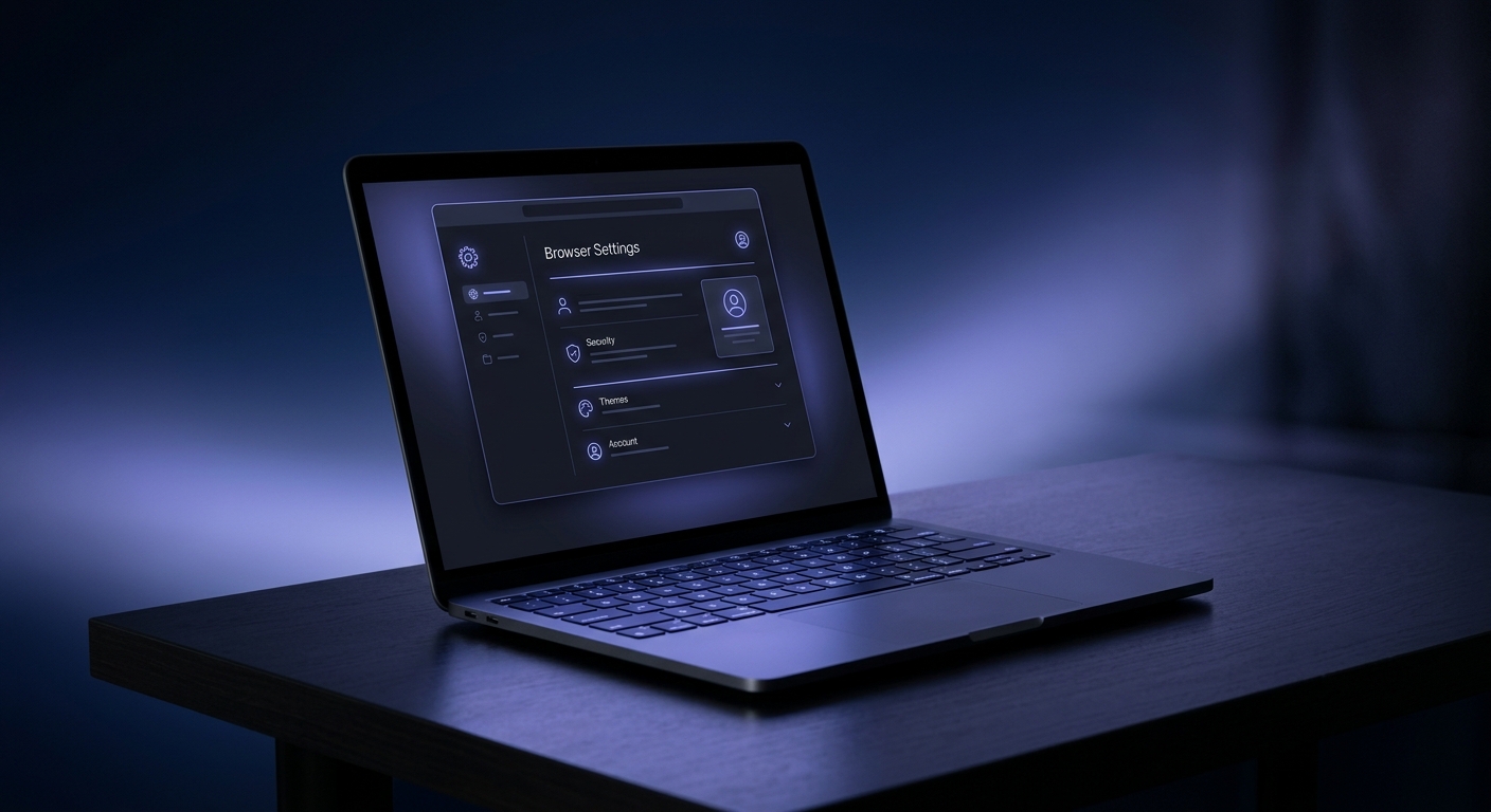 Laptop showing open browser settings on a dark desk under soft purple lighting