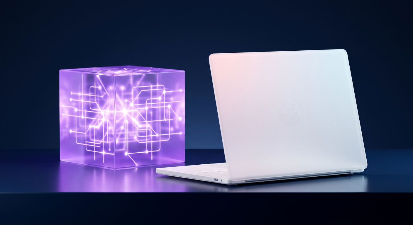 Render 3D de un cubo de datos violeta brillante junto a un portátil blanco sobre fondo oscuro