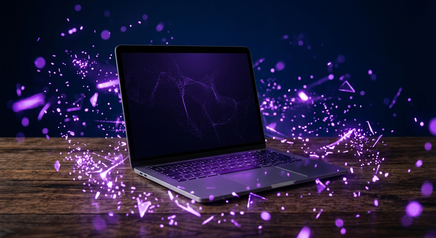 Laptop on a dark wooden desk with violet data fragments representing browser cache cleanup