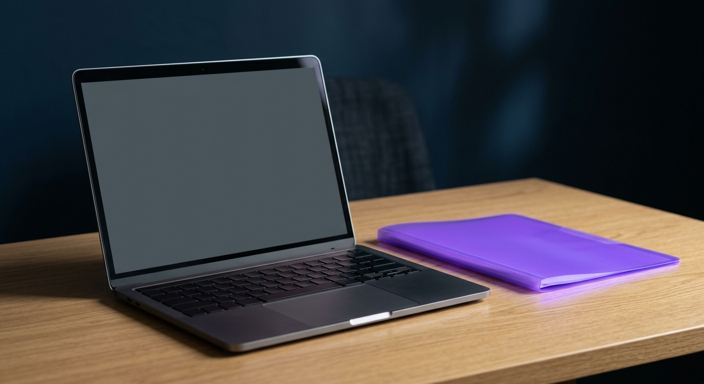 An open MacBook on a clean desk with a glowing purple folder beside it