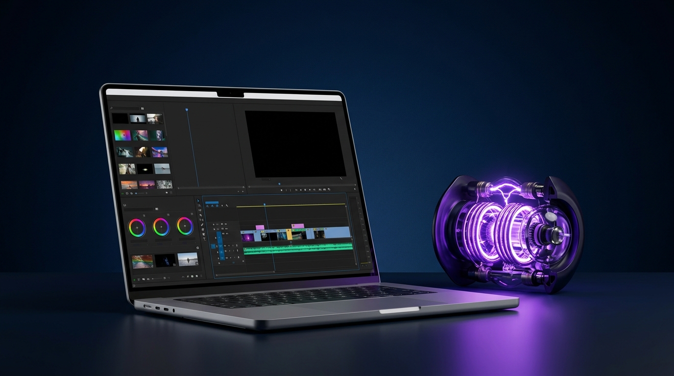 Glowing purple spiral object next to an open MacBook on a dark background