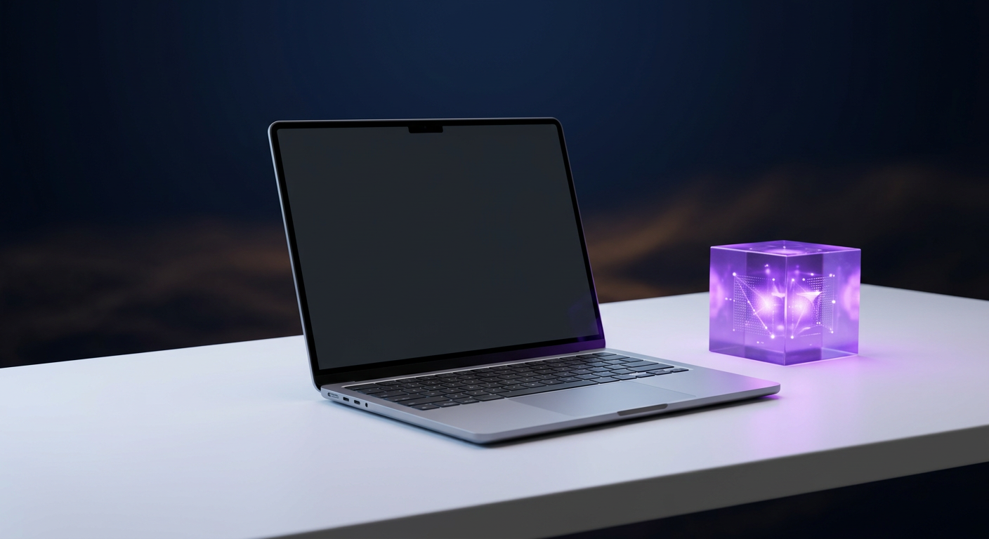 Render 3D de un portátil cerrado sobre un escritorio blanco con un cubo violeta de datos