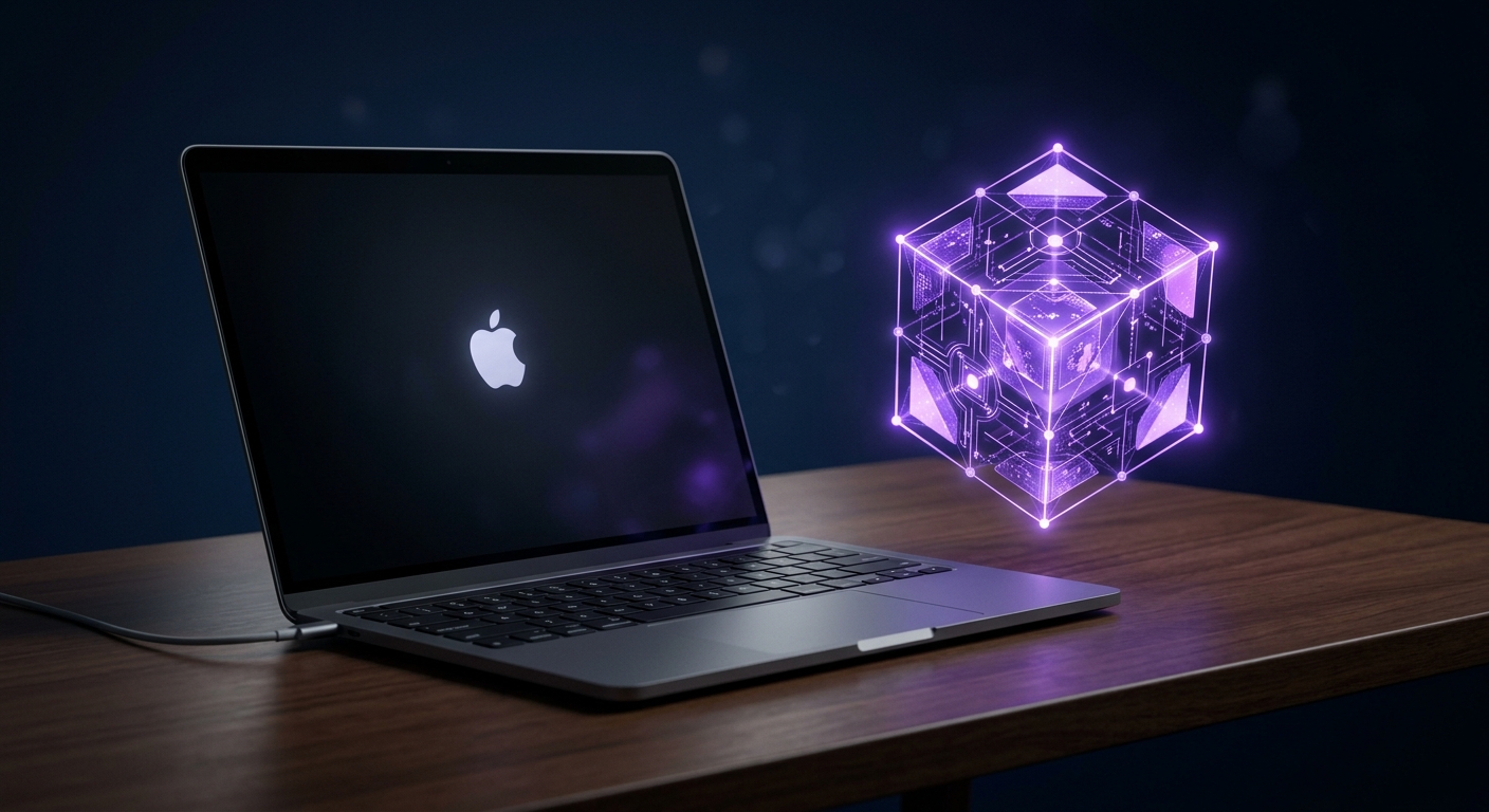 An open MacBook on a clean desk with a floating purple data cube