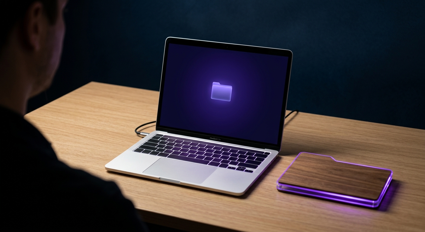 MacBook plateado sobre un escritorio despejado junto a una carpeta violeta