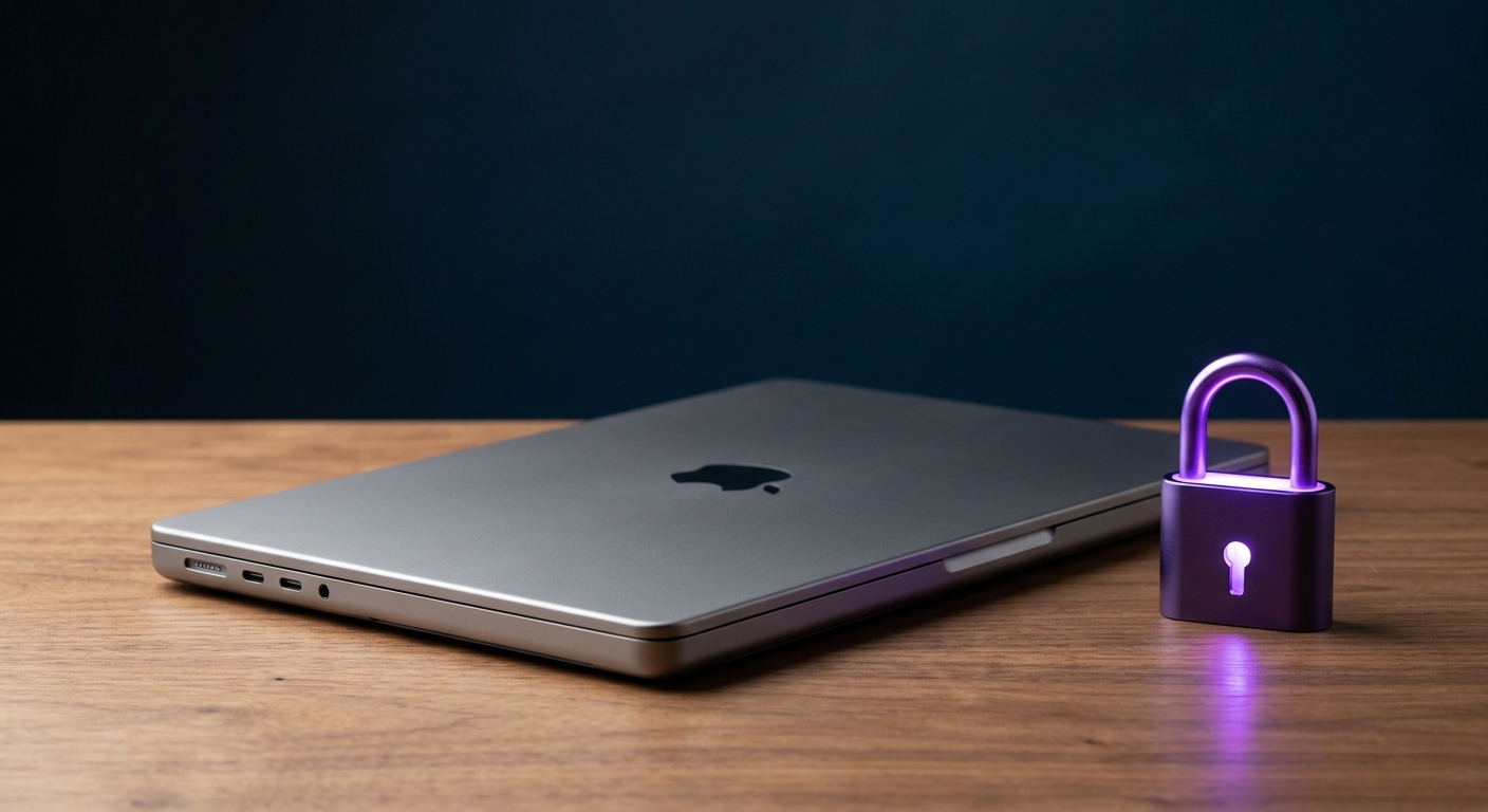 A glowing purple lock next to a laptop on a clean wooden desk