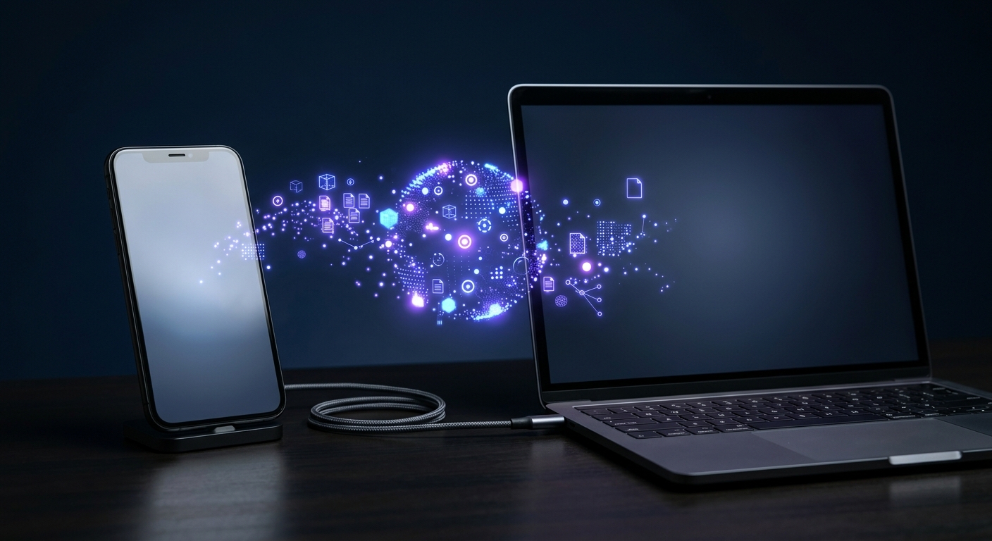 Smartphone connected to a laptop with floating purple data files on a dark background