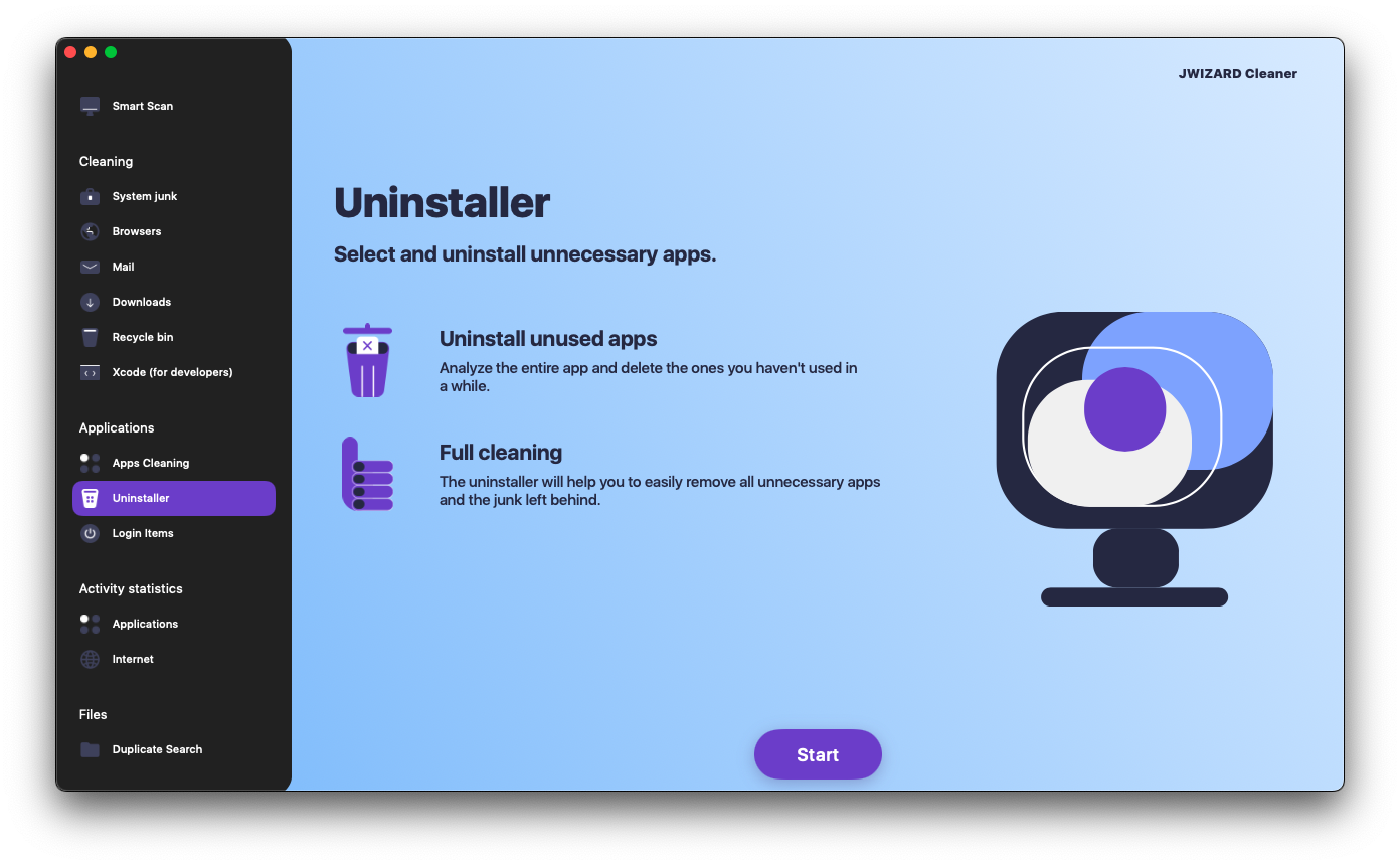 Inicie JWIZARD Cleaner desde la barra de aplicaciones o encuéntrelo a través de Spotlight;